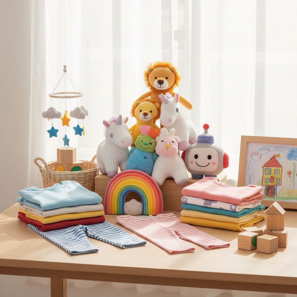 A wooden table displays stacks of folded baby clothes, a collection of plush toys, a rainbow-shaped decor piece, and wooden building blocks in front of a window.