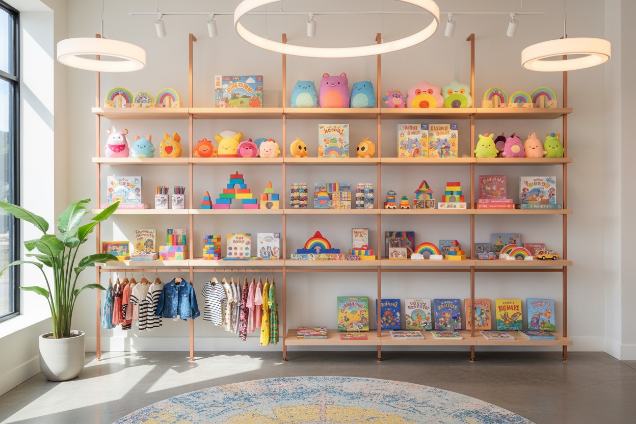 A retail display features wooden shelves filled with colorful children's toys, books, and clothing, with a potted plant on the left and a circular rug on the floor.