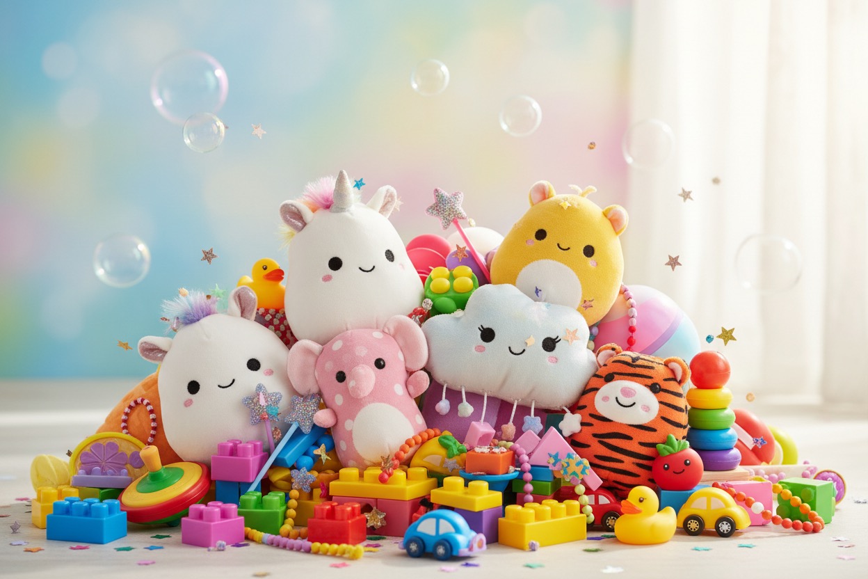 A colorful collection of plush toys, building blocks, and small plastic playthings sits against a soft, bubbly background.